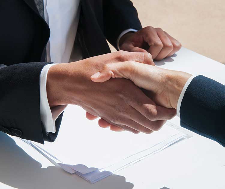 Business man and woman wearing formal clothes and sitting at table with papers shaking hands.