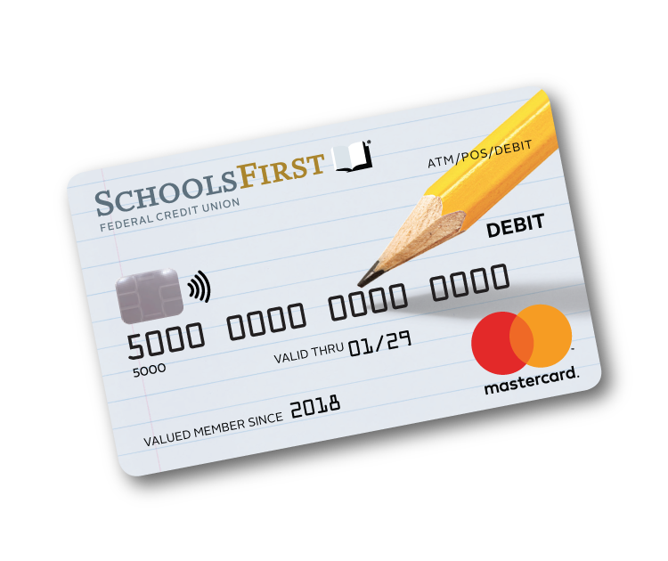 Image of a SchoolsFirst FCU debit card.