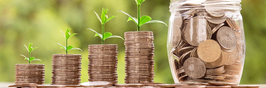 Photo of four columns of increasingly stacked coins with sprouting saplings on top ending with a jar of coins.