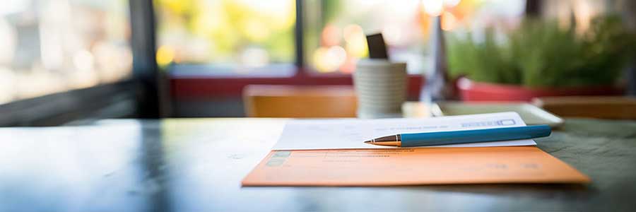 Image of a desk with a pen on financial documents.