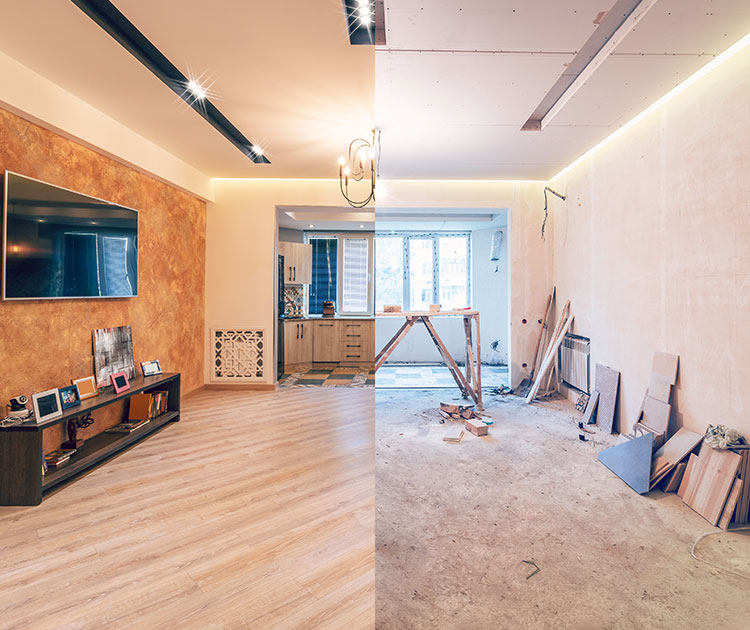 A room in a state of disrepair being renovated.