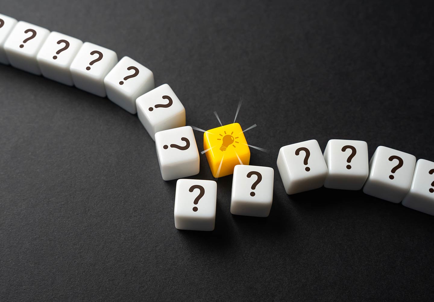 A string of dice with question marks with a lightbulb dice in the middle of the string.